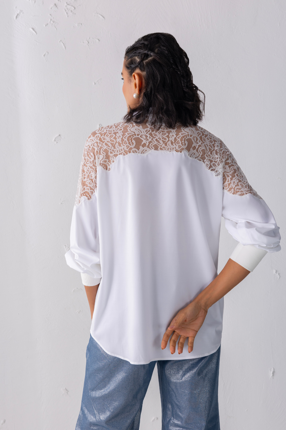 White Balloon Sleeved Loop Button Shirt