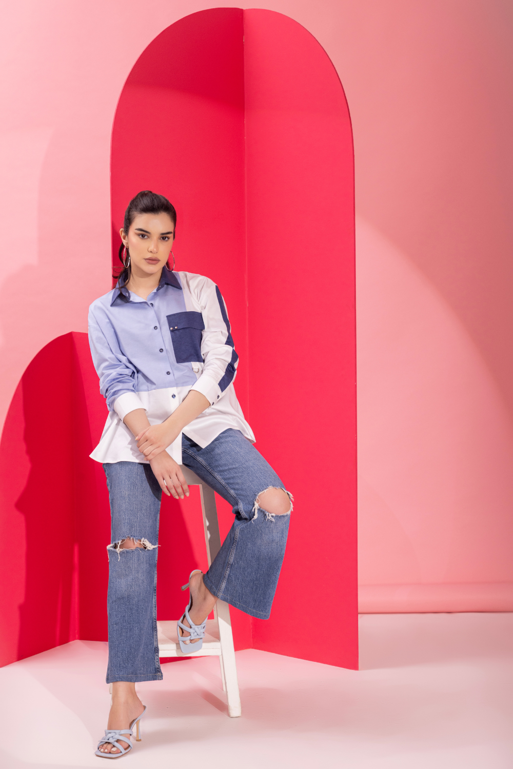 White & shades of Blue patchwork shirt