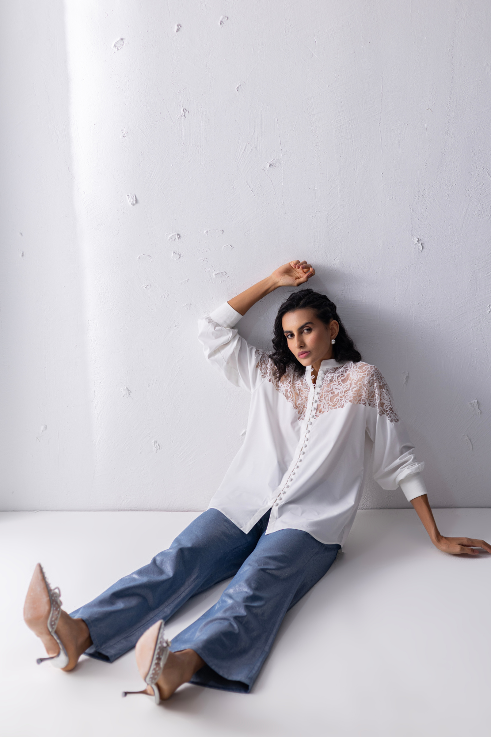 White Balloon Sleeved Loop Button Shirt