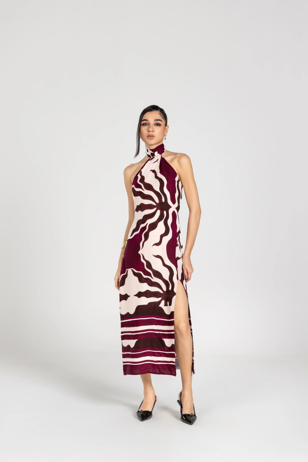 Abstract Plum Scarf Wrap Maxi Dress
